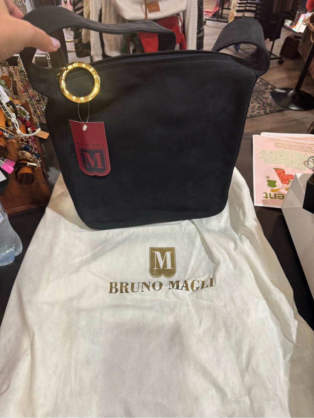 Bruno Magli Black Suede Shoulder Bag with Gold Ring Detail